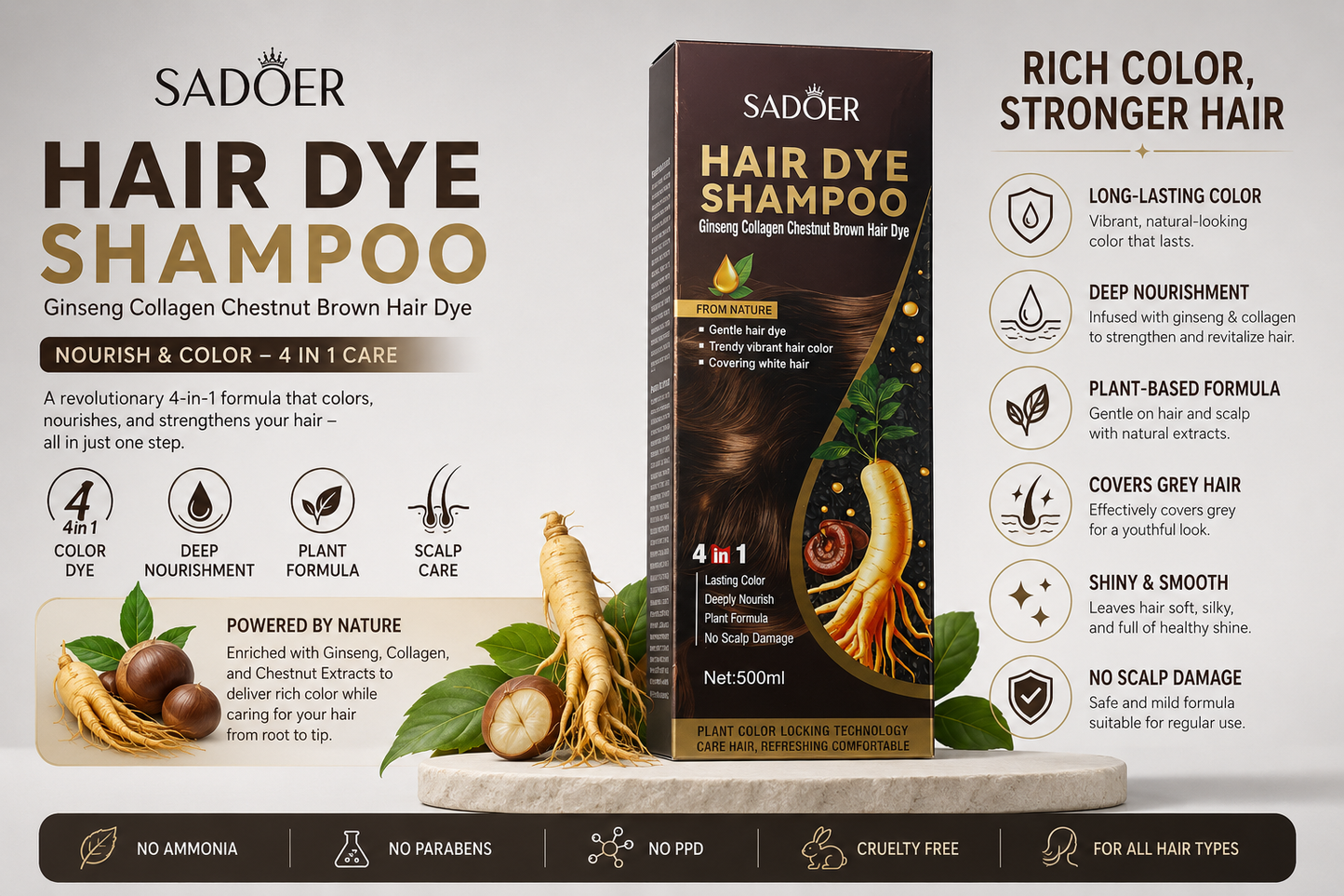 SADOER - Hair Dye Shampoo Ginseng Beown 500ml